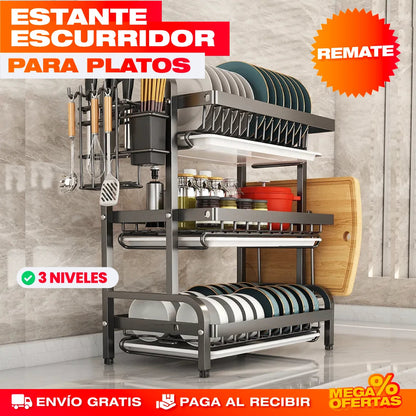 ESCURRIDOR ORGANIZADOR MULTIUSOS 3 NIVELES – MÁS LIMPIO, MÁS PRÁCTICO, MÁS RÁPIDO